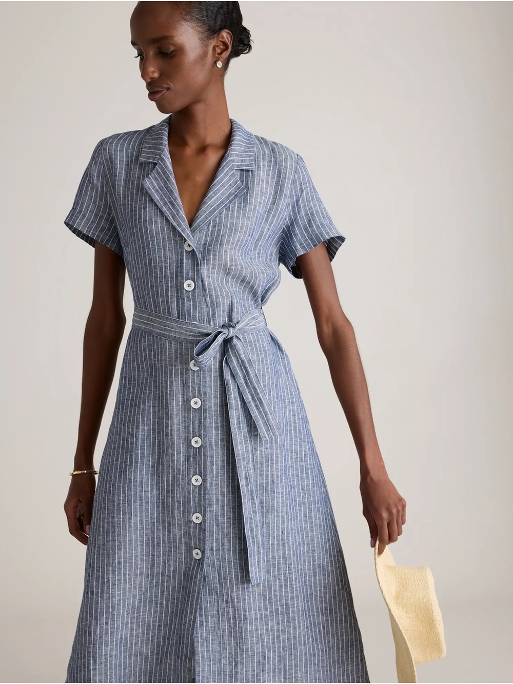 Quince 100% European Linen Button Front Dress Chambray Stripe XS